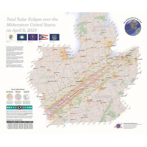 Total Solar Eclipse April 8 2024 - Midwest Regional Map 26x24
