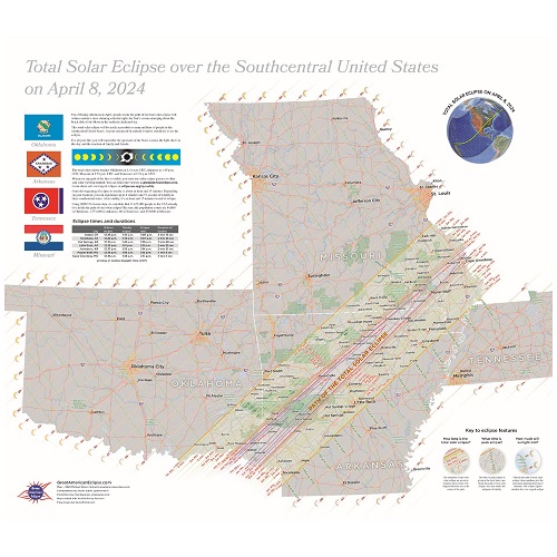 Total Solar Eclipse April 8 2024 - Southcentral Regional Map 27x24